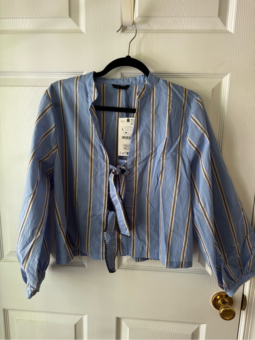 NWT ZARA Blue Striped Poplin Tie Front Blouse Size S